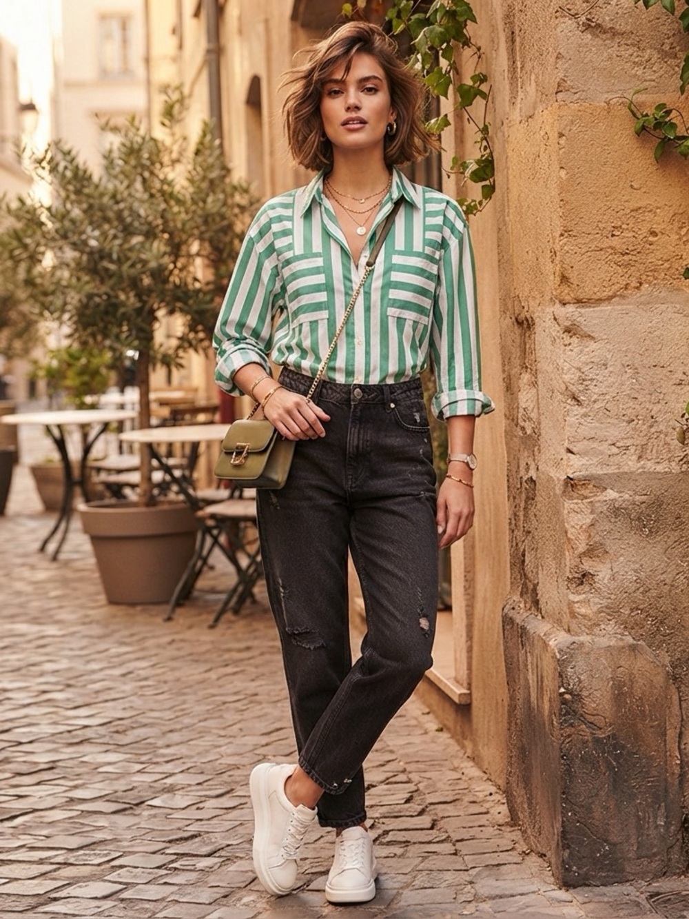 Karl Lagerfeld Paris Green White Striped Button Down Blouse